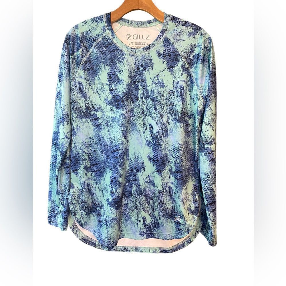 Gillz Sz L Blue Green Fish Scale Pattern Outdoor Fishing Surfing Sun Fabric Top